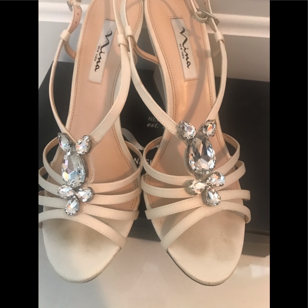 Nina Ivory/off white satin wedge sandals.